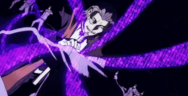 a man in a tuxedo is surrounded by purple swirls in a dark room .