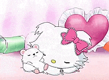 a drawing of a hello kitty sleeping next to a pink heart and a hamster .
