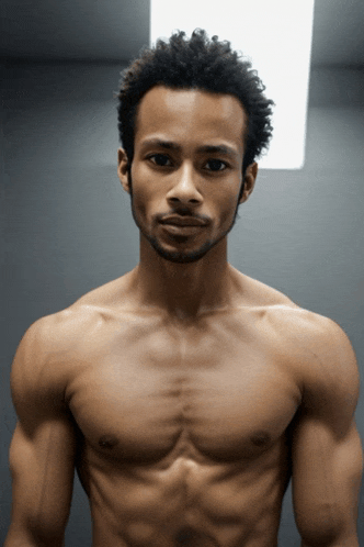 a shirtless man is looking at the camera with a light behind him