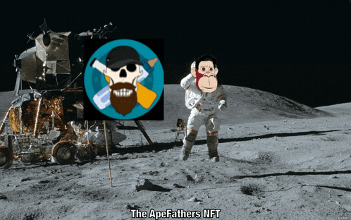 a cartoon of an astronaut on the moon with the apefathers nft written below him