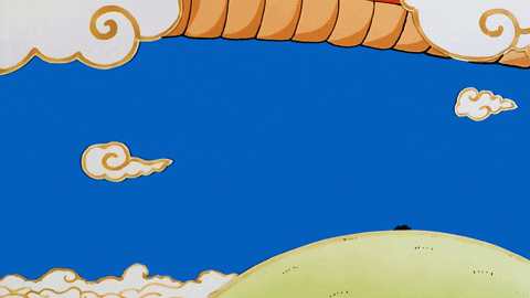 a cartoon drawing of a person standing on a hill with clouds in the background