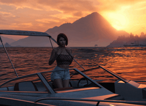 a woman in a bikini is standing on a boat in the water at sunset