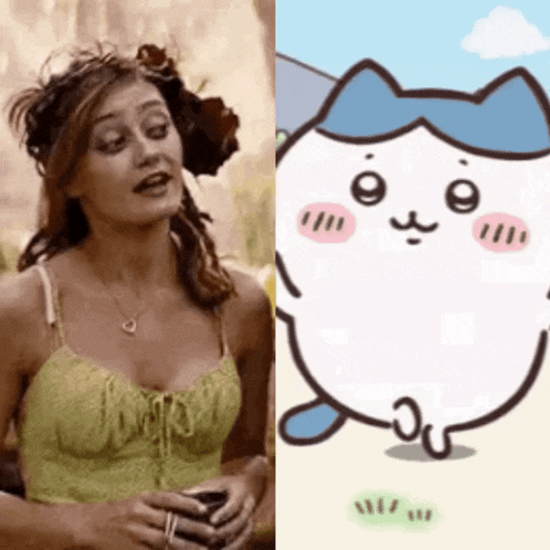 a woman in a green dress next to a cartoon cat