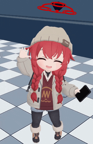 a girl with red hair is wearing a jacket with the letter w on the front