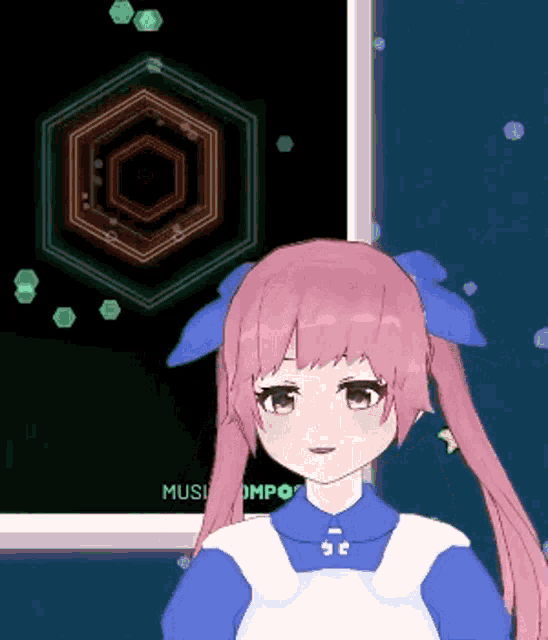 a girl with pink hair and blue bows is standing in front of a screen that says music
