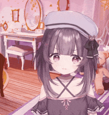 a girl with purple hair is wearing a white hat with a bow on it