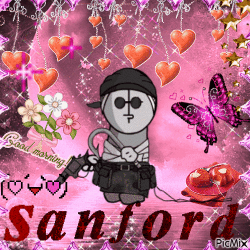 a cartoon character with a gun and the name sanford