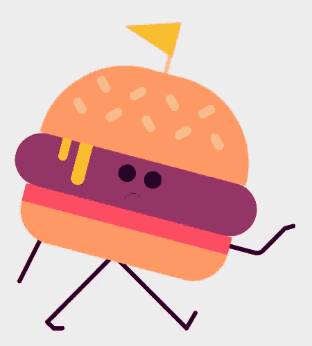 a cartoon drawing of a hamburger with a sad face and a yellow flag on top