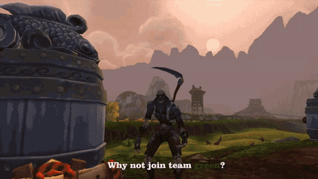 a video game screen shows a skeleton holding a scythe and the words " why not join team green "