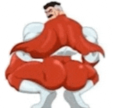 a man in a red superhero costume is kneeling down with his back to the camera .