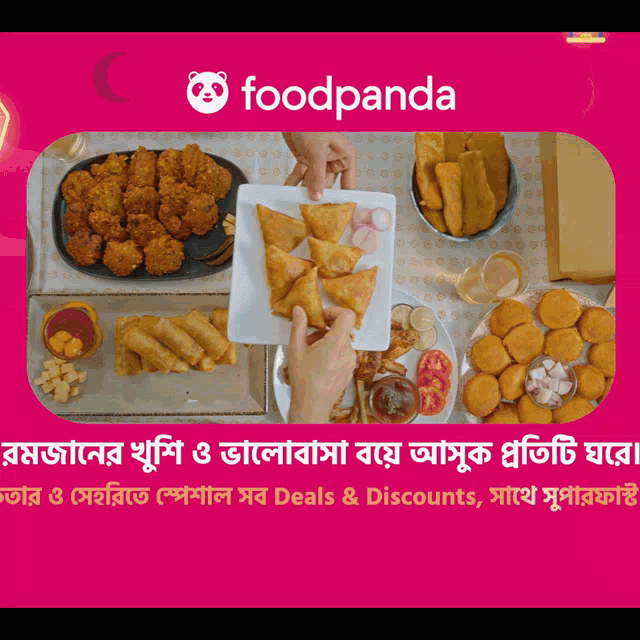 an advertisement for foodpanda shows a person holding a plate of food
