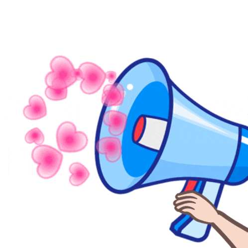 a cartoon hand holding a megaphone with pink hearts coming out of it