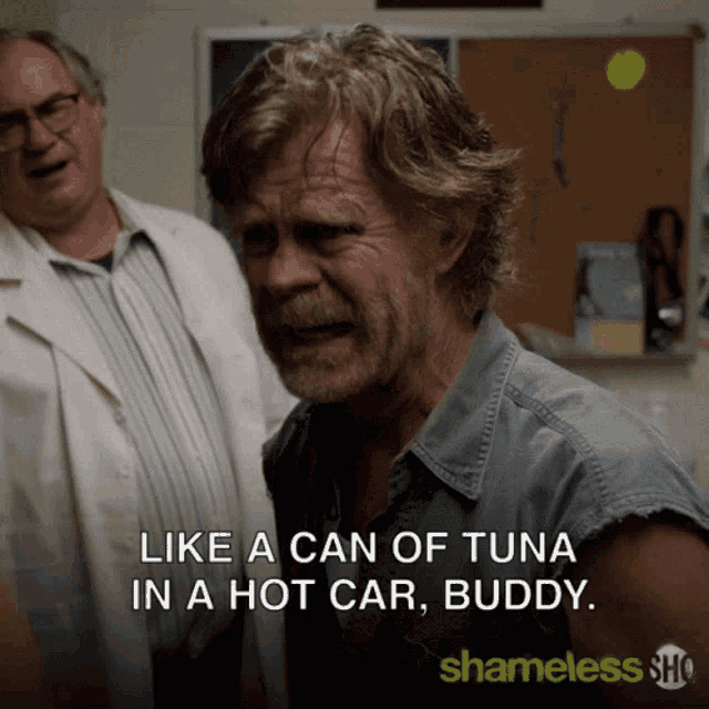 a poster for shameless shows a man with a can of tuna in his hot car