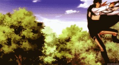 a man in a white shirt and black pants is holding another man in a forest ..