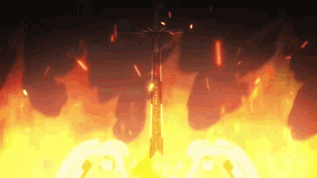 a person holding a sword in front of a fire with the word jesus on it