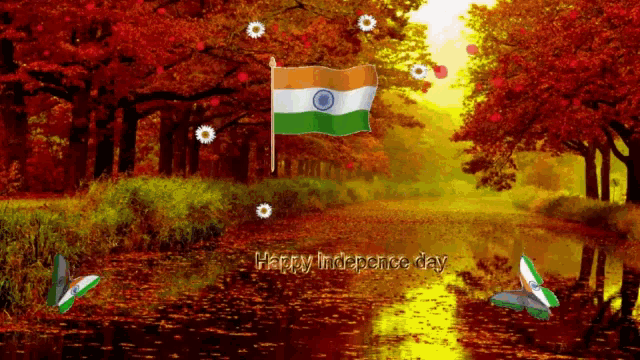 a happy independence day greeting card with a flag and butterflies