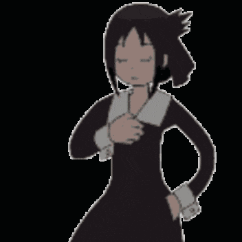 a pixel art of a girl in a black dress with her eyes closed