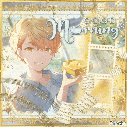 a picture of a boy holding a box and the words good morning