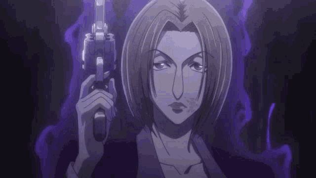 a woman is holding a gun in a dark room with purple smoke behind her .