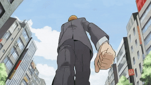 a cartoon of a man walking down a street with a cafe sign
