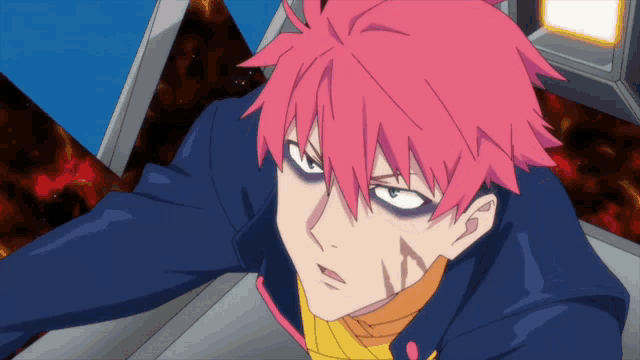 a cartoon character with pink hair and black eyes looks angry