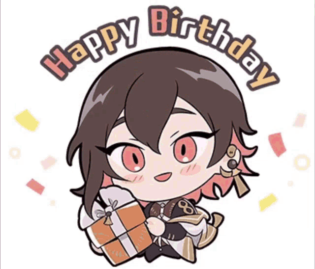 a happy birthday sticker with a cartoon character holding a gift