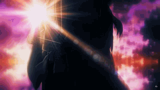 a person is standing in front of a purple sky with the sun shining through it