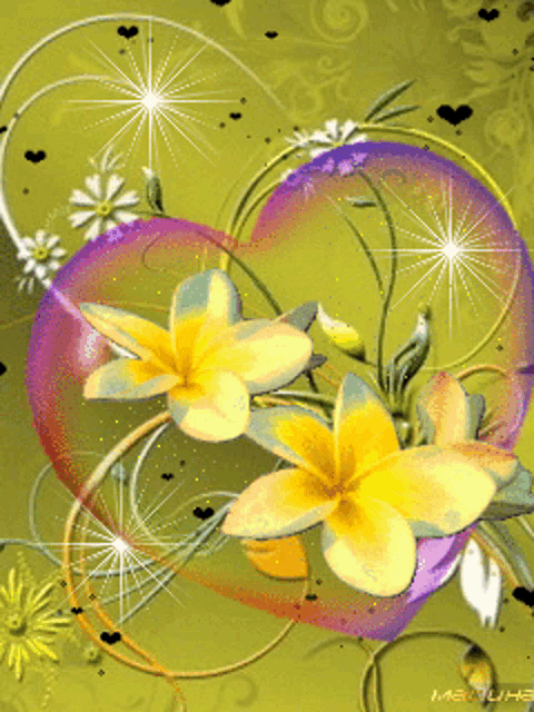 a painting of yellow flowers with a purple heart in the middle and the word metuhe at the bottom