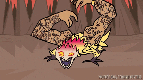 a cartoon drawing of a person with tattoos on their arms and chest