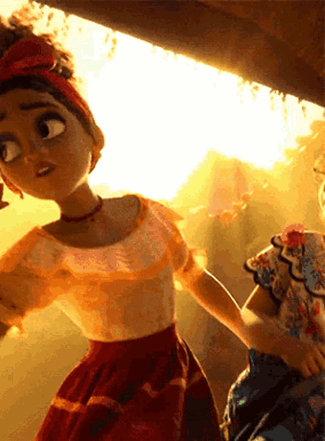 two cartoon girls are holding hands in front of a sun