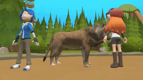 a cartoon character standing next to a lion