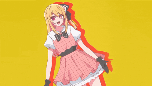 a blonde anime girl in a pink dress with a cat ear on her head