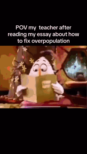 a cartoon duck is reading a book with a caption that says pov my teacher after reading my essay about how to fix overpopulation