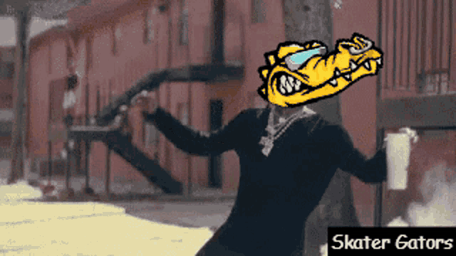 a skater gator is holding a cup of coffee in his hand