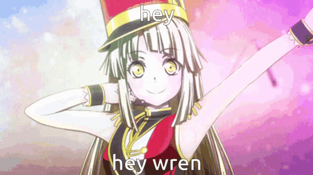 a girl with long white hair and yellow eyes is wearing a hat with the words hey hey wren on it .