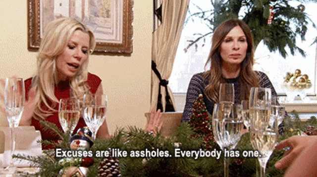 two women are sitting at a table with champagne glasses and one of them says excuses are like assholes everybody has one