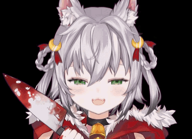 a girl with white hair and green eyes is holding a bloody knife in her hands