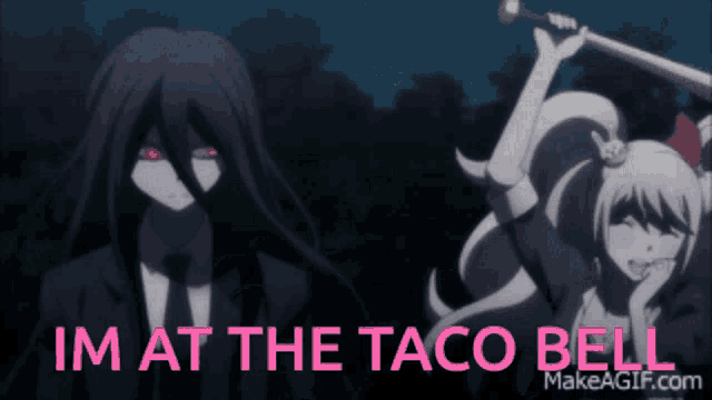 a picture of a girl holding a sword with the words im at the taco bell