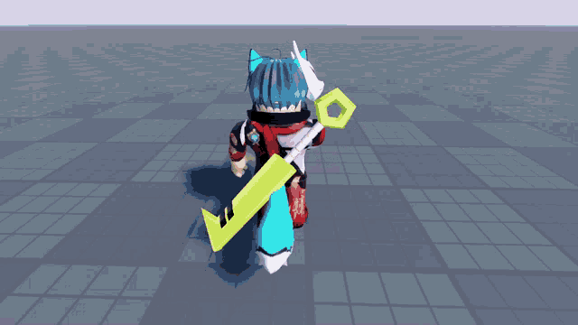 a cartoon character with blue hair and a yellow sword on his back