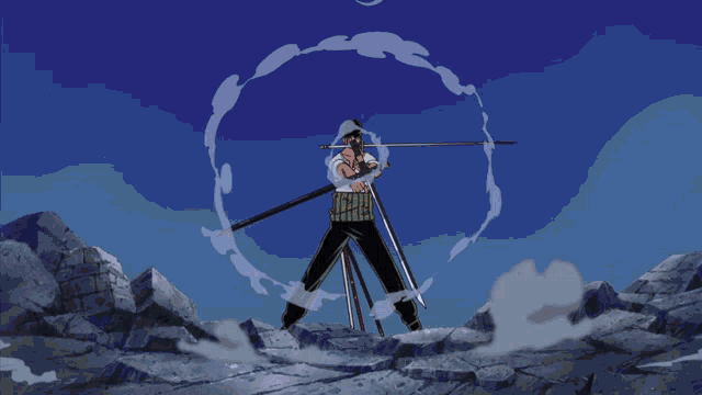 a man in a green and white shirt is holding a sword in a circle