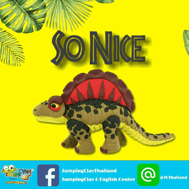 an advertisement for jumping clay thailand with a dinosaur