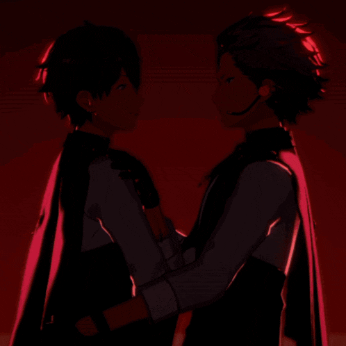 a couple of anime characters standing next to each other looking at each other