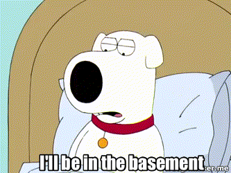 a cartoon dog is laying in bed and says i 'll be in the basement