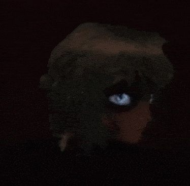 a close up of a person 's face with glowing blue eyes