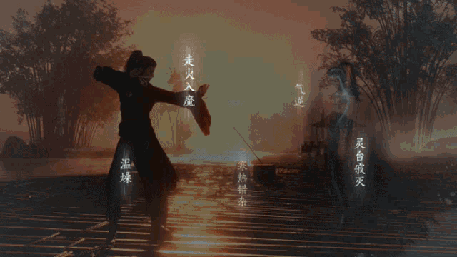 a silhouette of a woman dancing with a sword in front of a sunset
