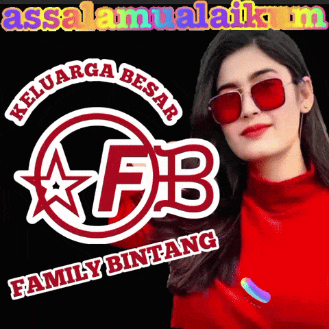 a woman wearing red sunglasses stands in front of a logo for keluarga besar fb family bintang