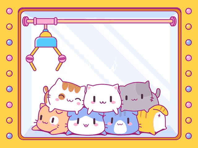 a bunch of cartoon cats are sitting in a box with a crane in the background