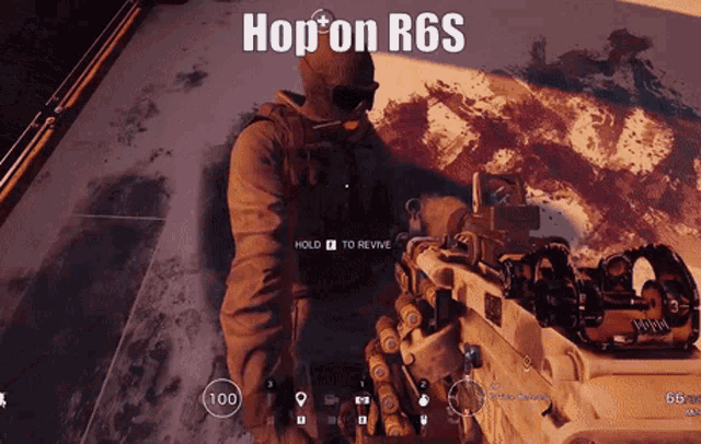 a video game screen shows a man holding a rifle and the words hop on r6s