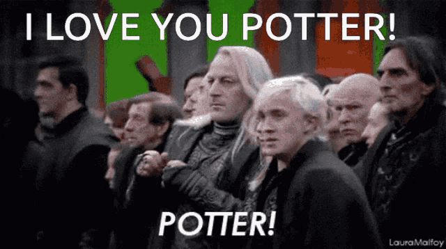 a group of people sitting in a row with the words i love you potter potter