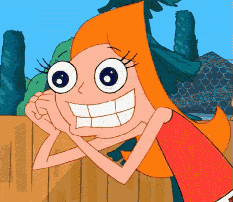 a cartoon girl with orange hair is smiling and looking over a wooden fence